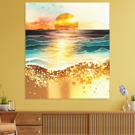 Waterverf Zonnevaste schildering met Gold Accents Canvas Afdruk (Insitu (Woonkamer))