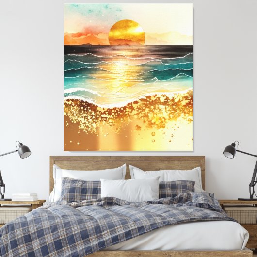 Waterverf Zonnevaste schildering met Gold Accents Canvas Afdruk (Insitu (Slaapkamer))
