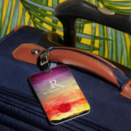 Waterverf Zonsondergang Bergen Monogram Bagagelabel