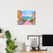 Waterverf Zonsondergang Dorp aan Zee Poster (Thuiskantoor)
