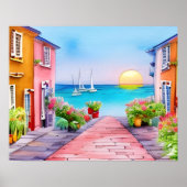 Waterverf Zonsondergang Dorp aan Zee Poster (Voorkant)