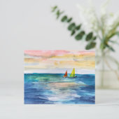 Waterverf zonsondergang met zeilboten feestdagenkaart (Staand voorkant)