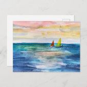 Waterverf zonsondergang met zeilboten feestdagenkaart (Voorkant / Achterkant)
