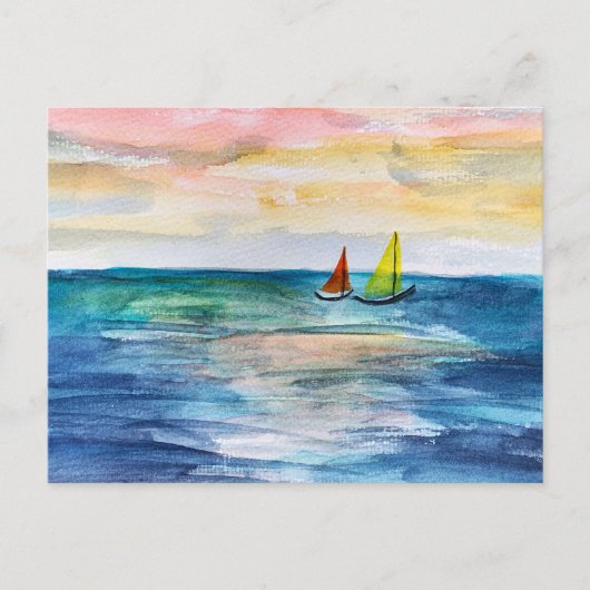 Waterverf zonsondergang met zeilboten feestdagenkaart (Voorkant)
