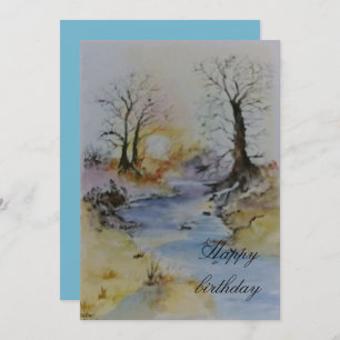 Waterverf zonsondergang op rivier- en landschapsge