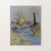 Waterverf zonsondergang op rivier- en landschapsge legpuzzel (Verticaal)