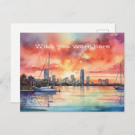 Waterverf zonsondergang over Miami van Biscayne Ba Briefkaart (Voorkant / Achterkant)