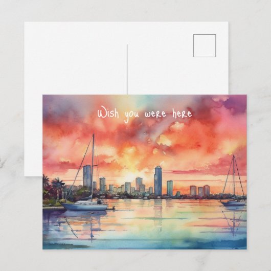 Waterverf zonsondergang over Miami van Biscayne Ba Briefkaart (Voorkant / Achterkant)