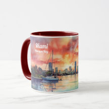 Waterverf zonsondergang over Miami van Biscayne Ba