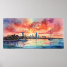 Waterverf zonsondergang over Miami van Biscayne Ba