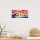 Waterverf zonsondergang over Miami van Biscayne Ba Poster (Keuken)