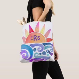 Waterverf Zonsondergang Over Water met Monogram Tote Bag