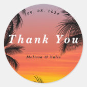 Waterverf zonsondergang palmstrand dank u bruiloft ronde sticker (Voorkant)