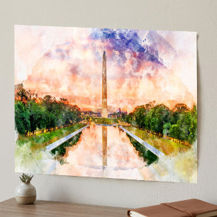 Waterverf Zonsondergang Reflectie Washington Monum Poster