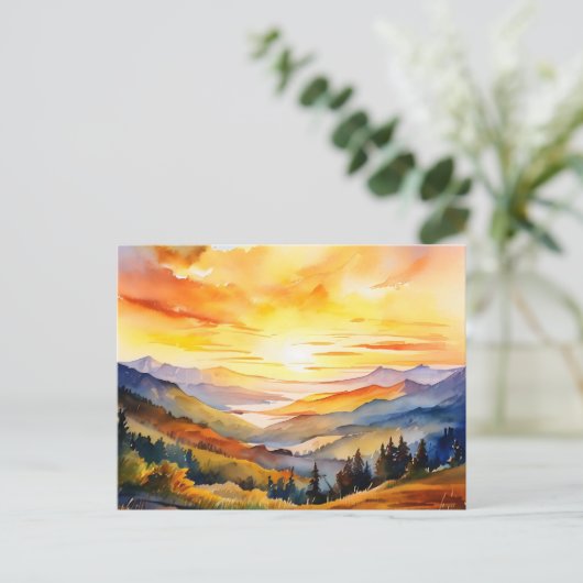 Waterverf zonsopgang boven bergketen briefkaart (Staand voorkant)