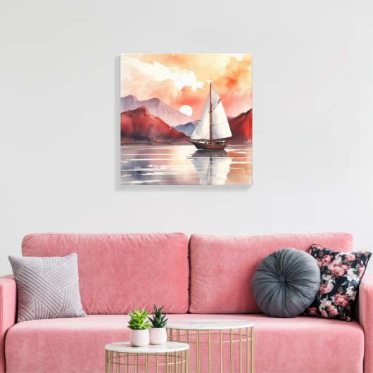 Waterverf zonsopgang met jacht canvas afdruk (Insitu (Woonkamer))