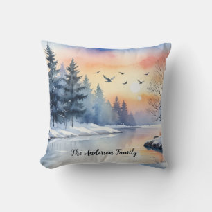 Waterverf Zonsopgang Winter Vogels Meer Kerstmis Kussen