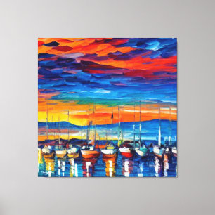 Waterverf zwaaide zeilboten op zonsondergang canvas afdruk