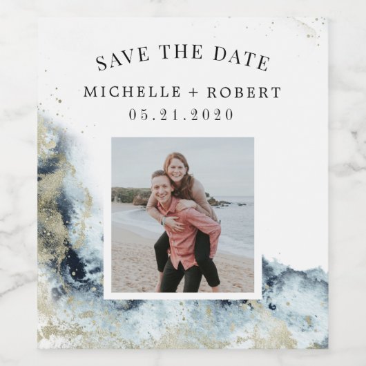 waterverf zwaait de kust op met de datumfoto wijn etiket (Enkel label)