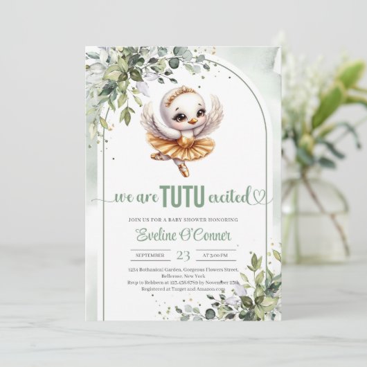 Waterverf zwaan met gouden tutu jurk eucalyptus kaart (Staand voorkant)