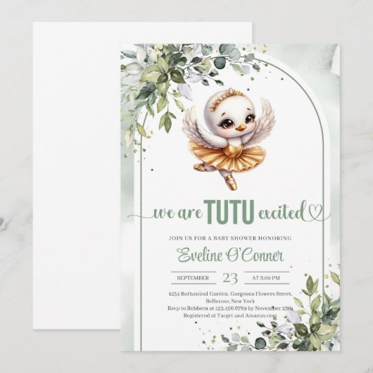 Waterverf zwaan met gouden tutu jurk eucalyptus kaart (Voorkant / Achterkant)