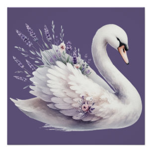 Waterverf Zwaan met Lavendel Bloemen Perfect Poster