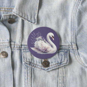 Waterverf Zwaan met Lavendel Bloemen Ronde Button 7,6 Cm