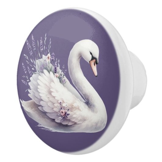 Waterverf zwaan met lavendelbloemen keramische knop (Rechts)