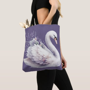 Waterverf zwaan met lavendelbloemen tote bag