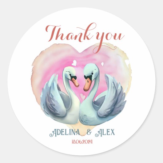 Waterverf zwaan paar dank u bruiloft gunst ronde sticker (Voorkant)