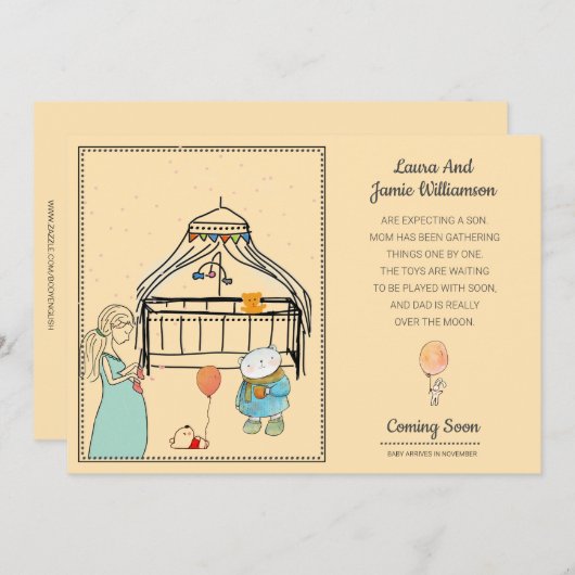 Waterverf Zwangerschap Aankondiging Peach Baby Boy (Voorkant / Achterkant)