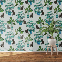 Waterverf Zwart Cat Monstera Houseplant Blauw Behang