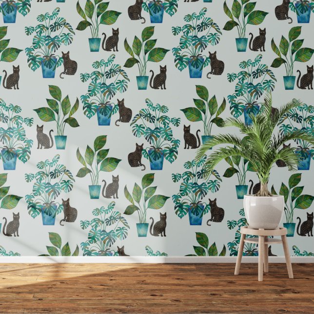 Waterverf Zwart Cat Monstera Houseplant Blauw Behang (Black cat with Monstera houseplant  art wallpaper)