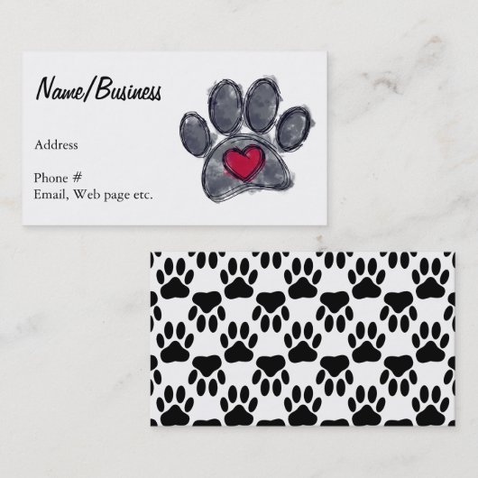 Waterverf Zwart Dog Paw Print Rood Hart Custom Visitekaartje (Voorkant / Achterkant)
