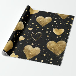 Waterverf Zwart en Goud Inkt Valentijnsharten Cadeaupapier