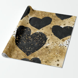Waterverf Zwart en Goud Inkt Valentijnsharten Cadeaupapier