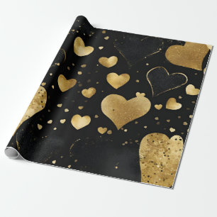 Waterverf Zwart en Goud Inkt Valentijnsharten Cadeaupapier