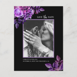 Waterverf zwart en paarse bloemen Save the Date Briefkaart