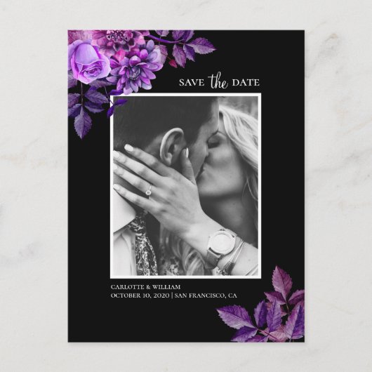 Waterverf zwart en paarse bloemen Save the Date Briefkaart (Voorkant)