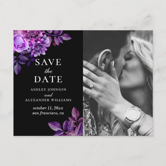 Waterverf zwart en paarse bloemen Save the Date Briefkaart (Voorkant)