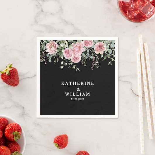 Waterverf zwart en roze bloemenbruiloft servet (Insitu)