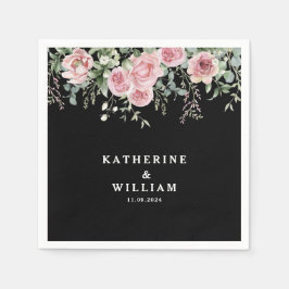 Waterverf zwart en roze bloemenbruiloft servet