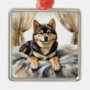 WATERVERF ZWART EN TAN SHIBA INU DOG METALEN ORNAMENT
