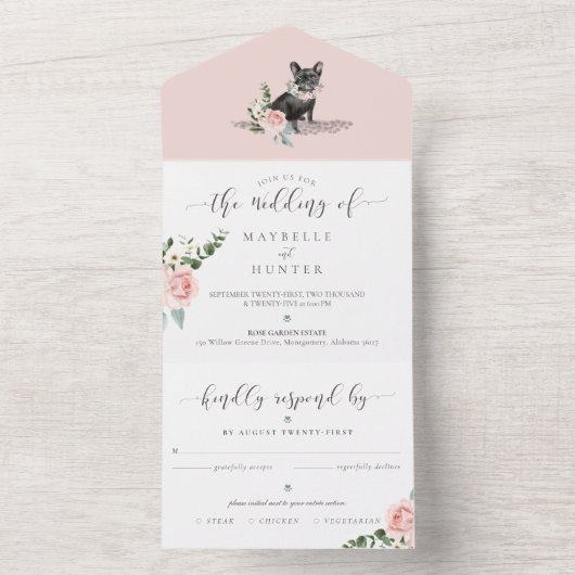 Waterverf Zwart Frans Bulldog Hond & Bloemen Rozen All In One Uitnodiging (Binnen)