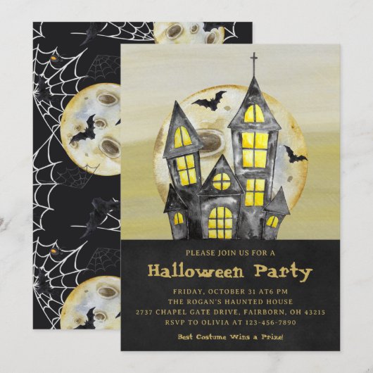 Waterverf Zwart Geheime Huis Halloween Feest Kaart (Voorkant / Achterkant)
