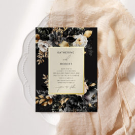 Waterverf Zwart Goud Bloemen Bruiloft Folie Uitnodiging
