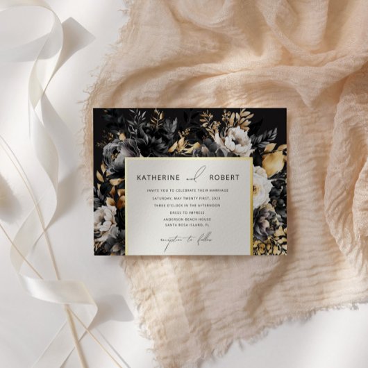 Waterverf Zwart Goud Bloemen Bruiloft Folie Uitnodiging