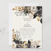Waterverf Zwart Goud Bloemen Bruiloft Kaart (Voorkant)