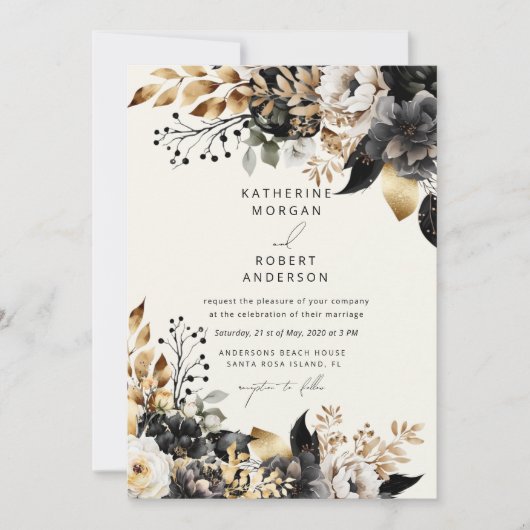 Waterverf Zwart Goud Bloemen Bruiloft Kaart (Voorkant)