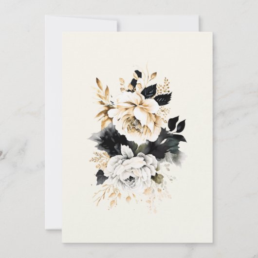 Waterverf Zwart Goud Bloemen Bruiloft Kaart (Achterkant)